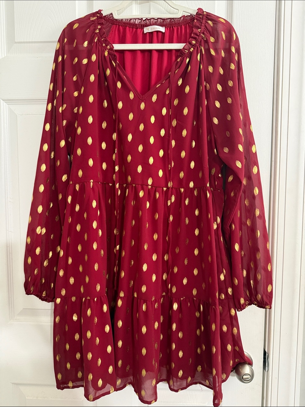 Women's Burgundy Long-Sleeve Tiered Dress with Gold Dot Accents